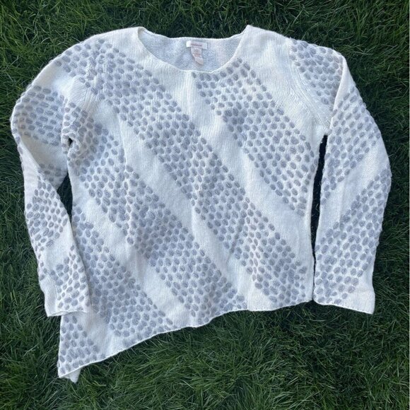 Sundance Sweater Womens Large Ivory Gray Stripe Asymetric Hem Lambswool Pullover - Picture 1 of 3